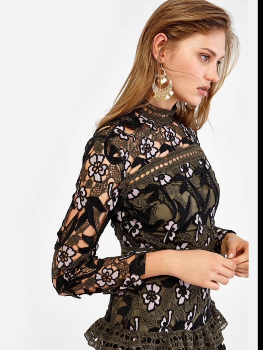 Ipekyol turkey Long Sleeve Olive Green Lace Dress with Black Floral Appliqué Siz